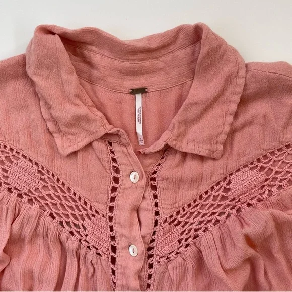 Free People Pink Orange Coral Katie Bird Long Sleeve Button Down Size Large - Picture 4 of 10